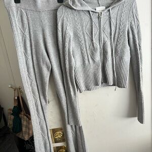 Pink Rose Light Gray Cable Knit Hoodie & Pants Set